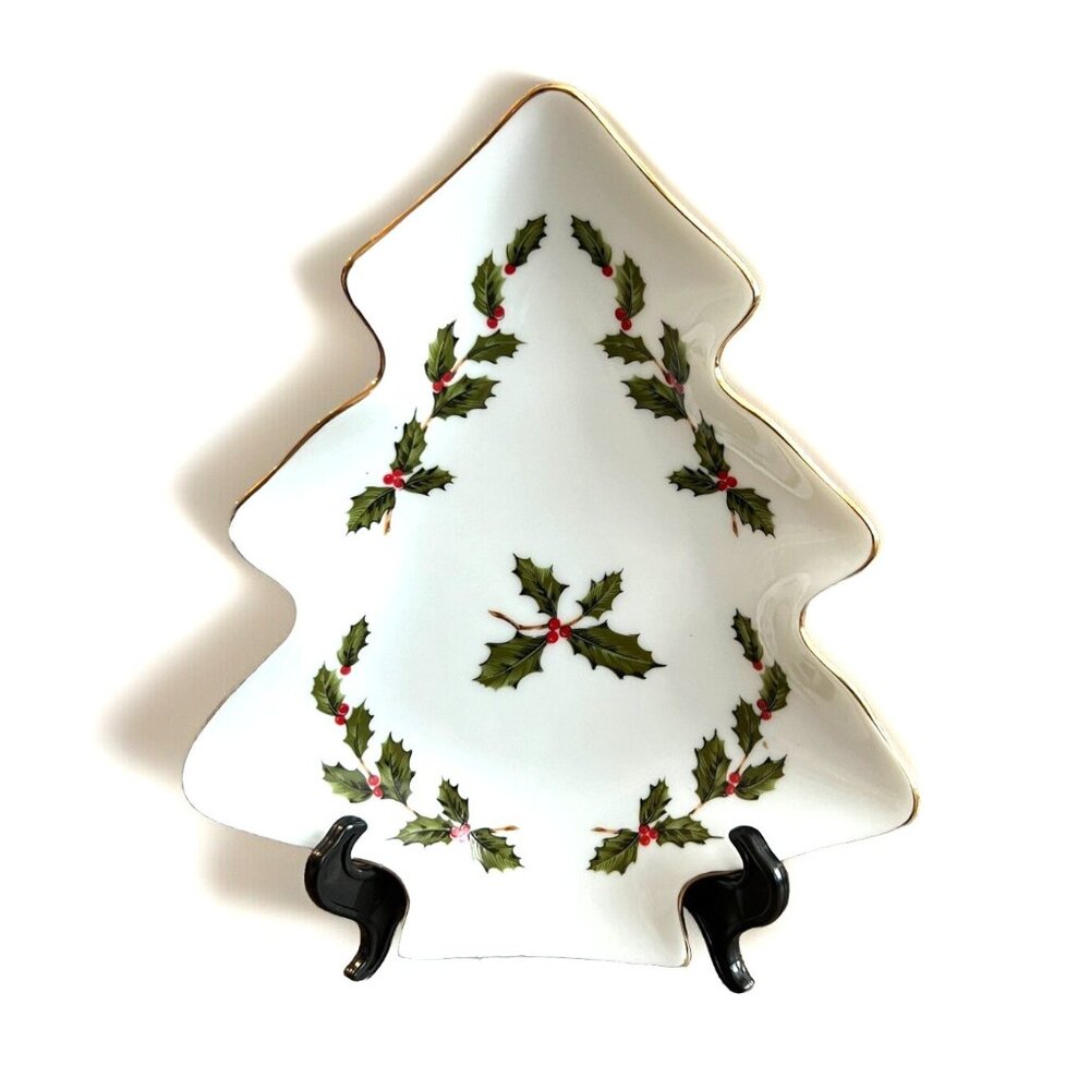 Lefton Christmas Tree Dish Gold Trim Holly Berry Japan White Porcelain Vtg 1985